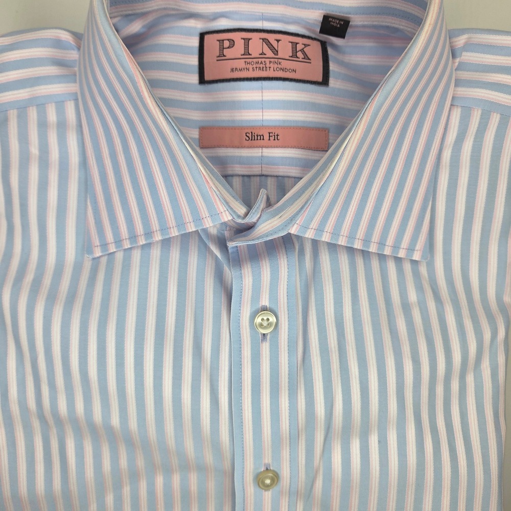 Thomas Pink Slim Fit Striped Dress Shirt Blue Pink White Mens 16.5 42cm Long Slv